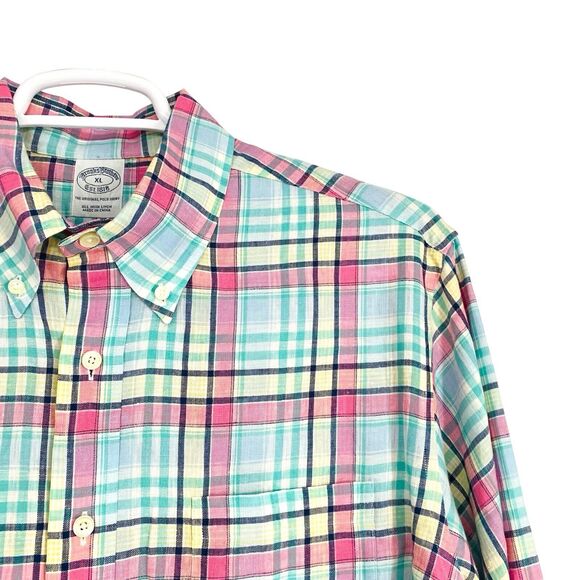 Brooks Brothers Shirt Mens XL Green Pink Plaid Irish Linen Button Up Extra Large - Picture 8 of 10